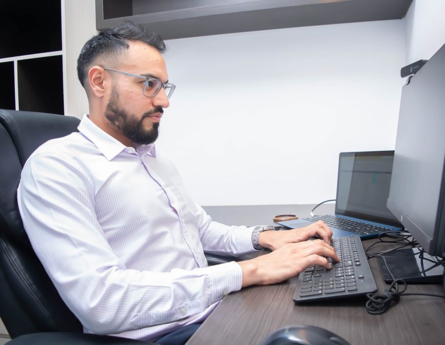 CEO using a computer in his office